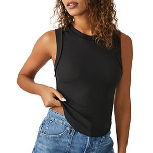 Free People Kate Rib Stretch Cotton Tank in Black We the Free Brand New
